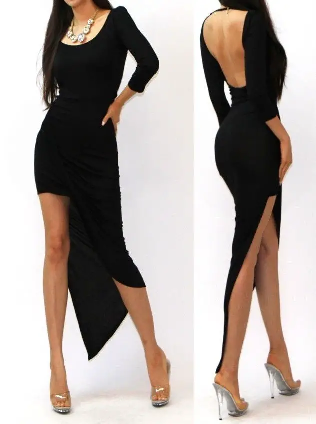 Black Long Sleeve Asymmetrical Dress Designs 2016