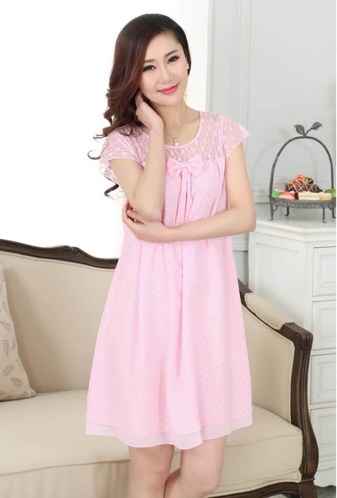 Pink Chiffon Round Neck Nighty Dress