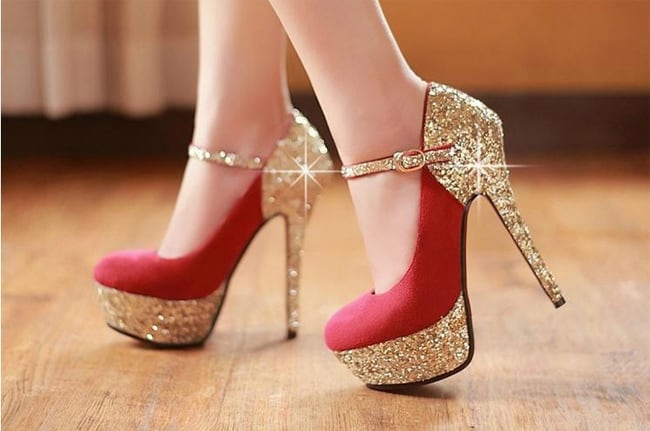 Red and Golden Long Heel Shoes for Wedding