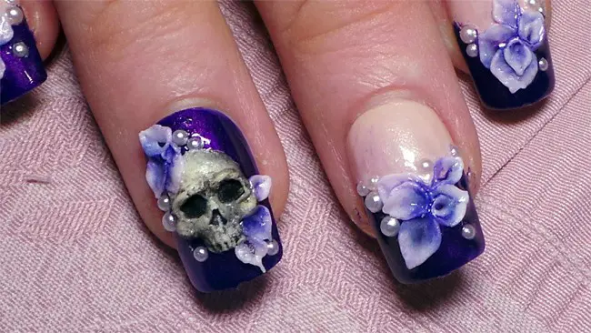 3D Skull and Flowers Nail Art Designs