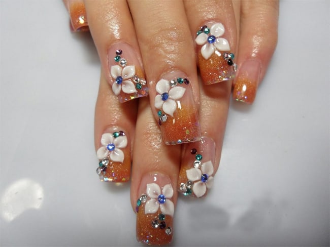 Ombre Gold Glitter 3D Flowers Nails Ideas