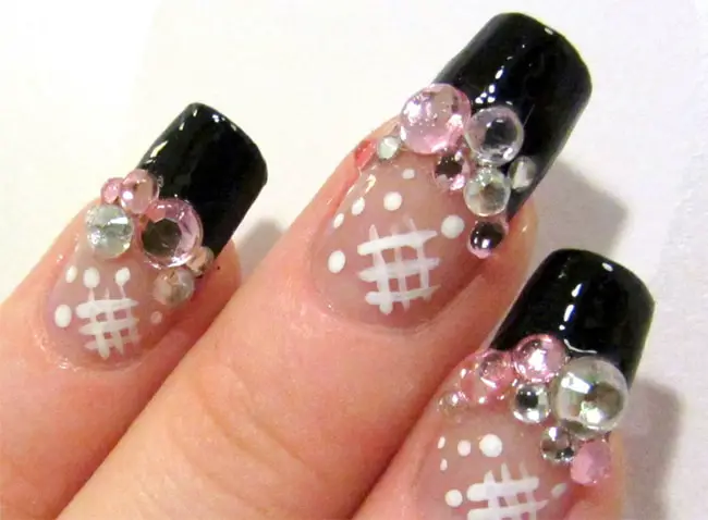 Black Japanese Style Rhinestone Nail Design