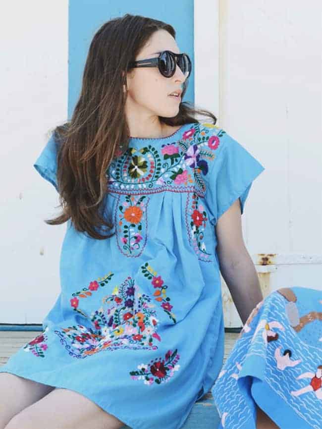 Mexican Embroidered Cotton Shift Dress for Beach