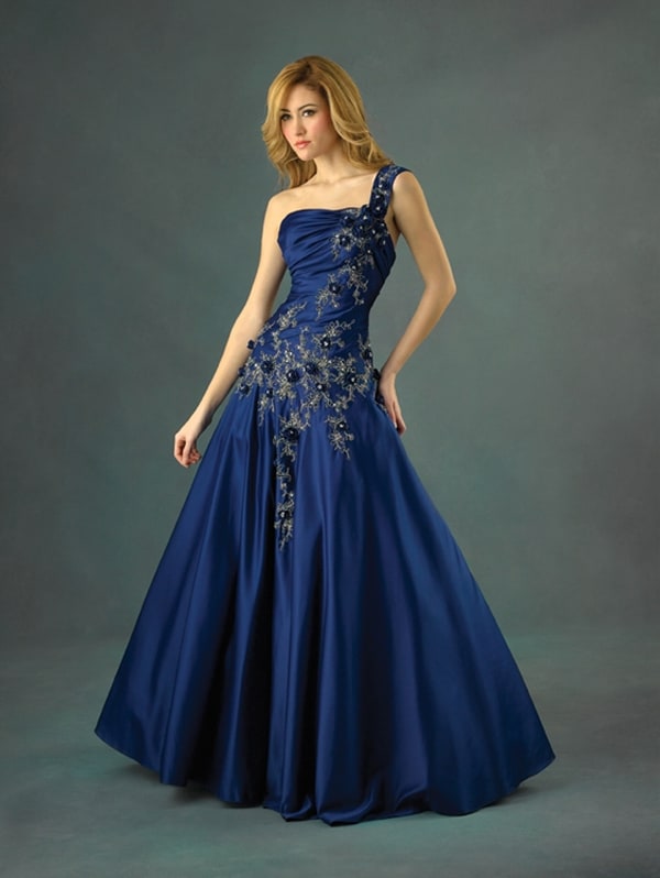 Navy Blue One Shoulder Floor Length Dresses