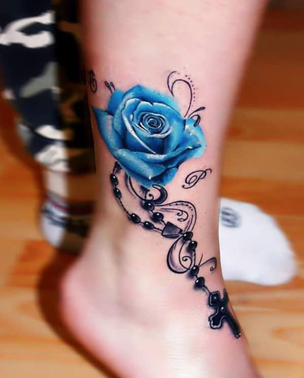 Blue Rose Foot Bracelet Tattoo Designs for Girls