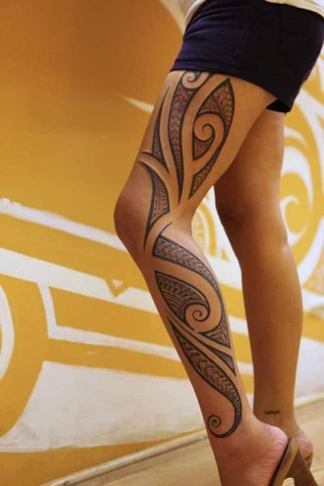 Trendy Full Leg Polynesian Tattoo for Girls