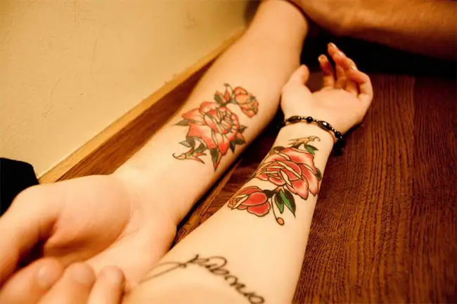 Boyfriend and Girlfriend Matching Rose Flower Tattoos