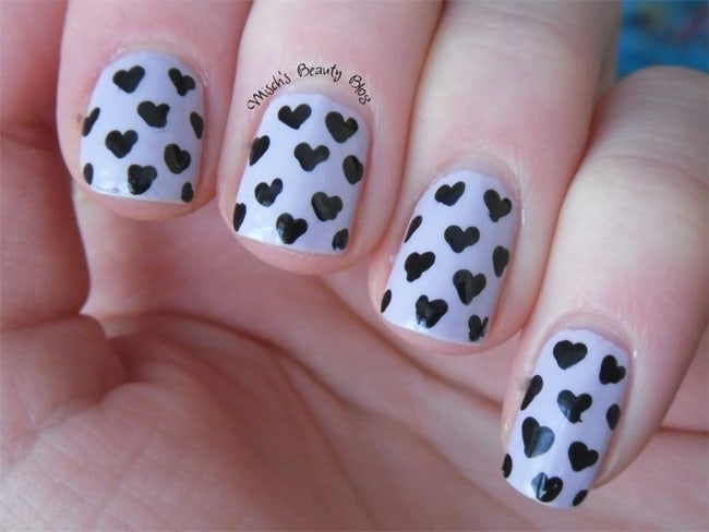 White and Black Heart Nail Art for Ladies