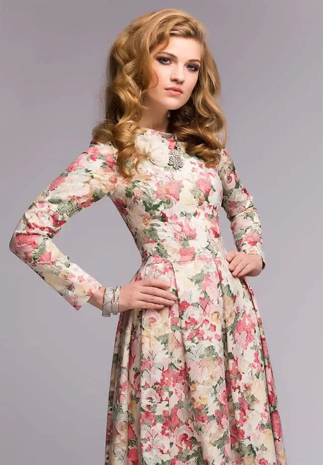 Long Sleeve Vintage Floral Print Dress for Wedding