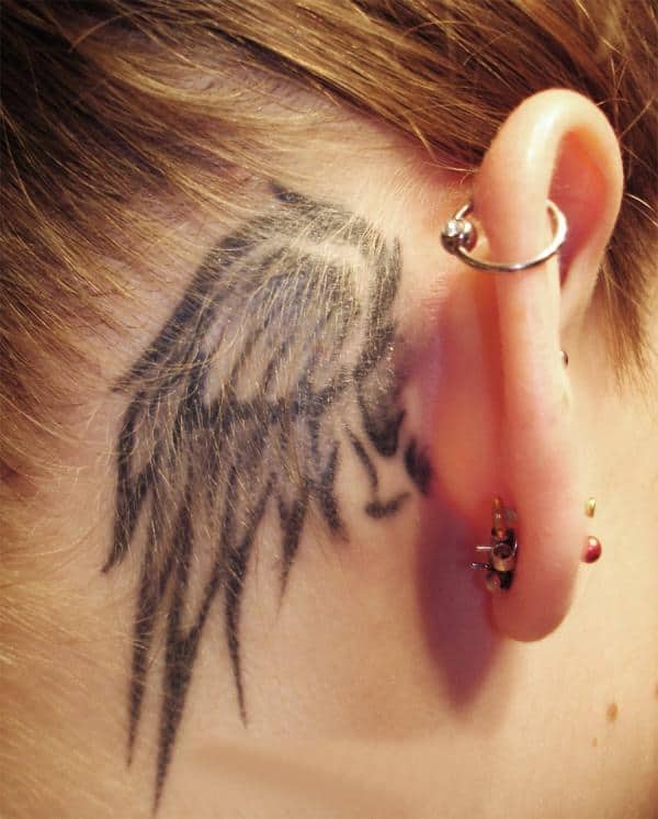 Cute Angel Wings Small Tattoo Behind Ear