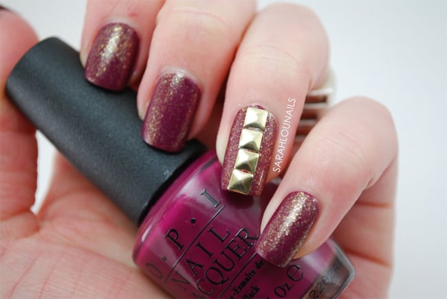 Latest Glitter Maroon Nails Designs With Studs 2016