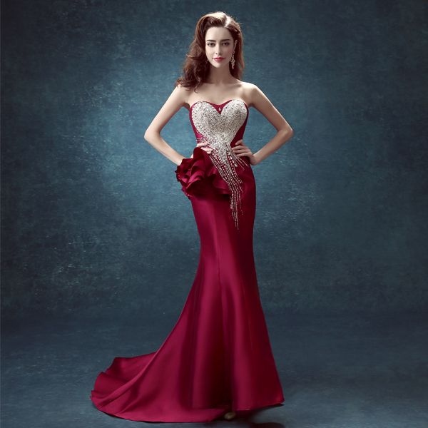 Crystal Beaded Red Long Evening Dresses for Brides