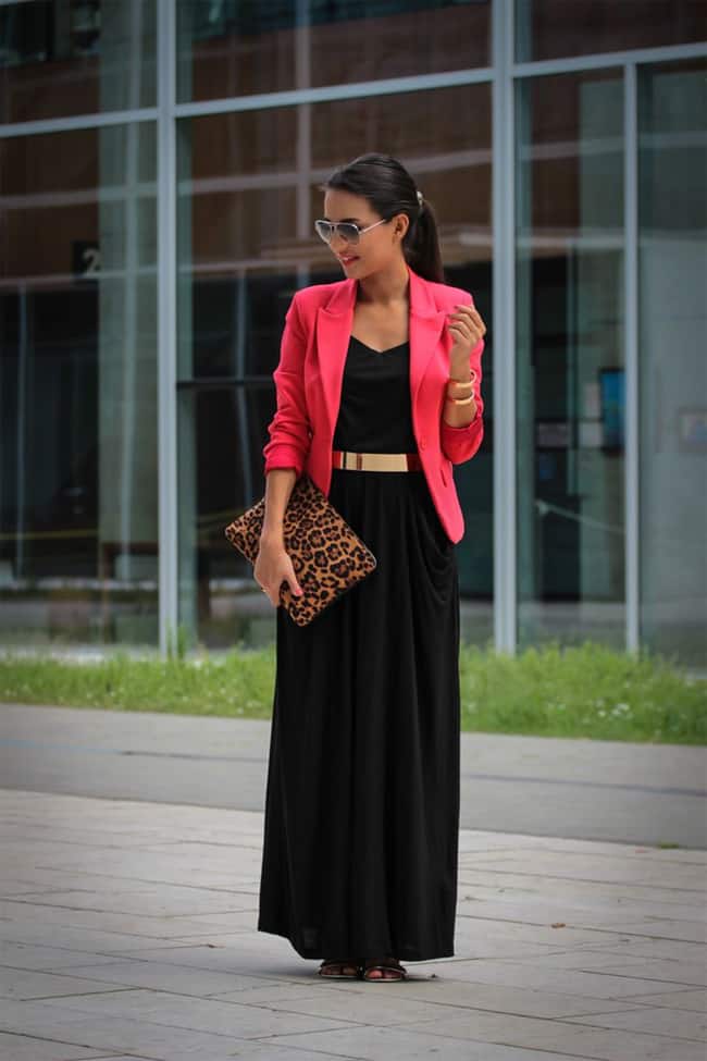 office-women-black-maxi-dress-with-red-coat