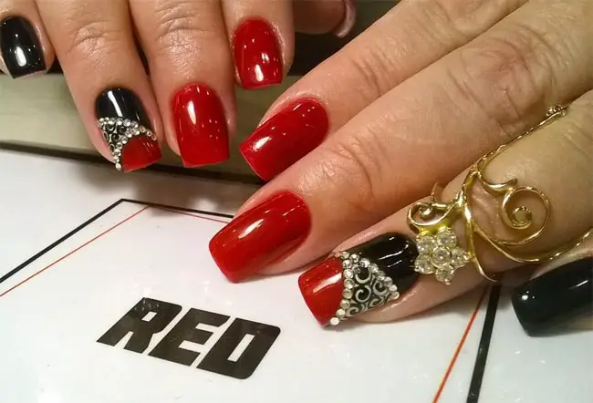 Red and White Nail Art with Rhinestones - wide 1