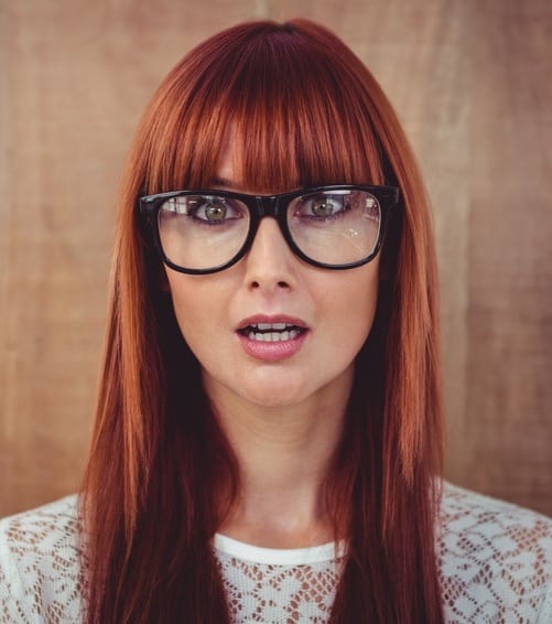 hairstyle with blunt bangs and glasses