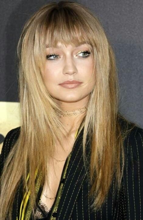 long blonde layered hair with bangs