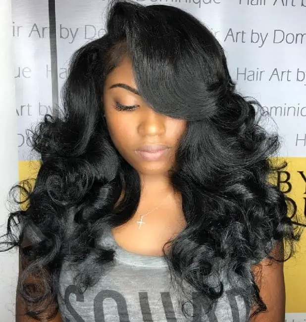 black women's long hair with side swept bangs