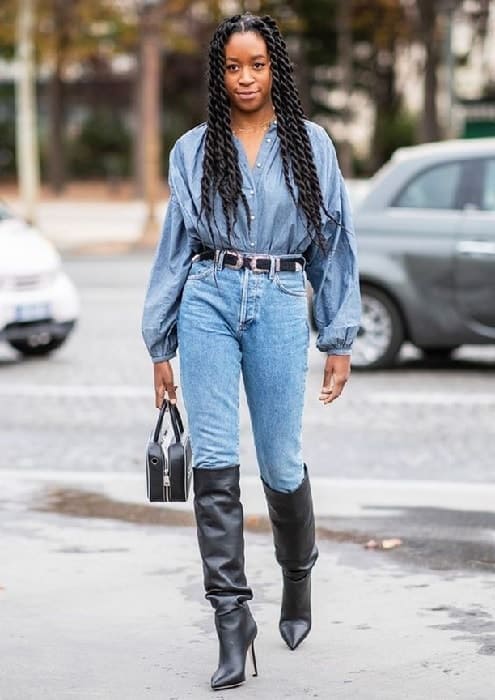 denim outfits with black knee high boot