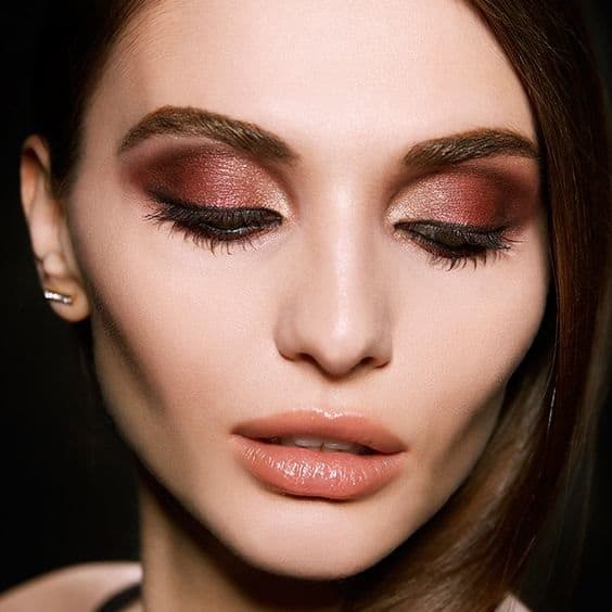 nude makeup with burgundy dress