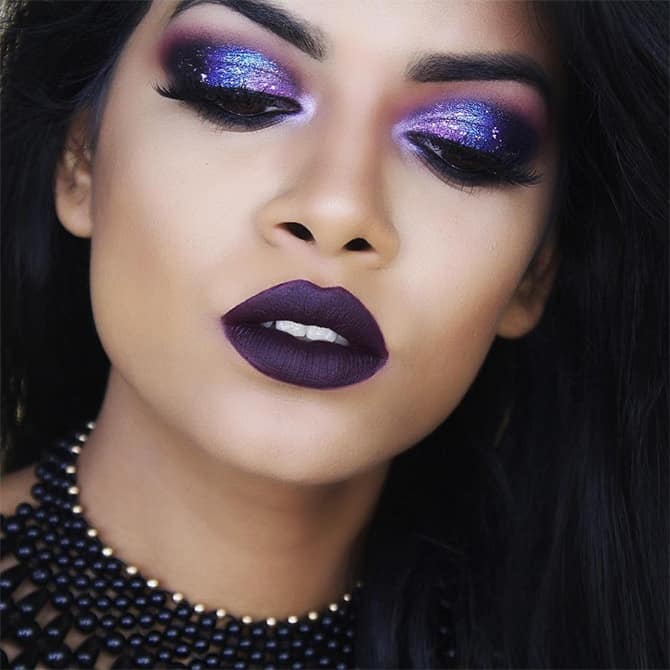 shimmery makeup look for purple dress